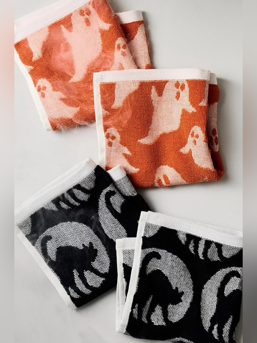 Anthropologie ICON JACQUARD SPOOKY DISHCLOTHS, SET OF 4, Cat & Pumpkin 🎃🐈‍⬛